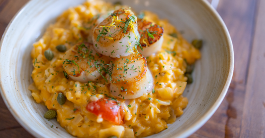 Seaside Bliss: Creamy Scallop Risotto with Asparagus and a Zesty Twist