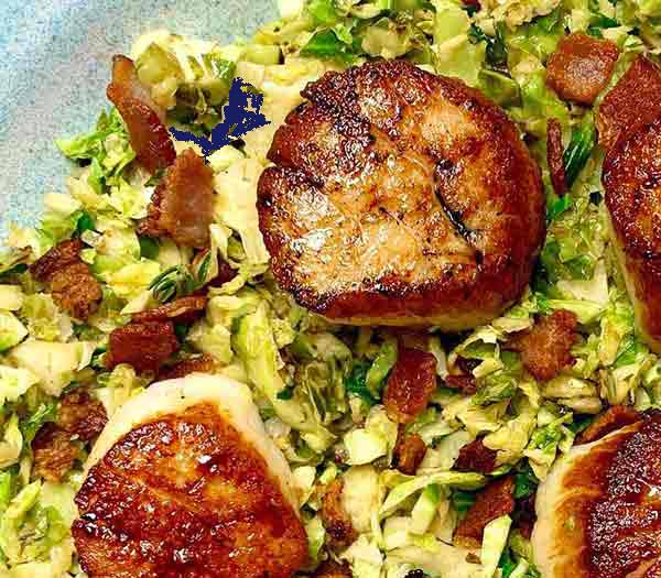 Seared Sea Scallops with Bacon Brussel Hash